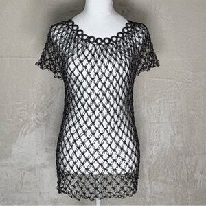 Womens Black Crochet Fishnet Grunge Top Sheer Layer Versatile Stretch Goth No sz